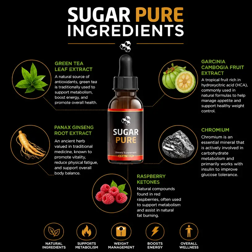 SugarPure ingredients graphic listing green tea leaf extract, garcinia cambogia, panax ginseng root, chromium and raspberry ketones